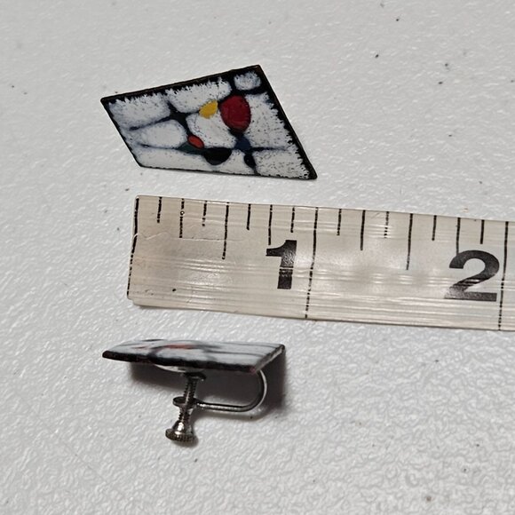 Vintage Mid Century Modern Abstract Art Deco Enamel Clip On Earrings Geometric - Picture 5 of 5